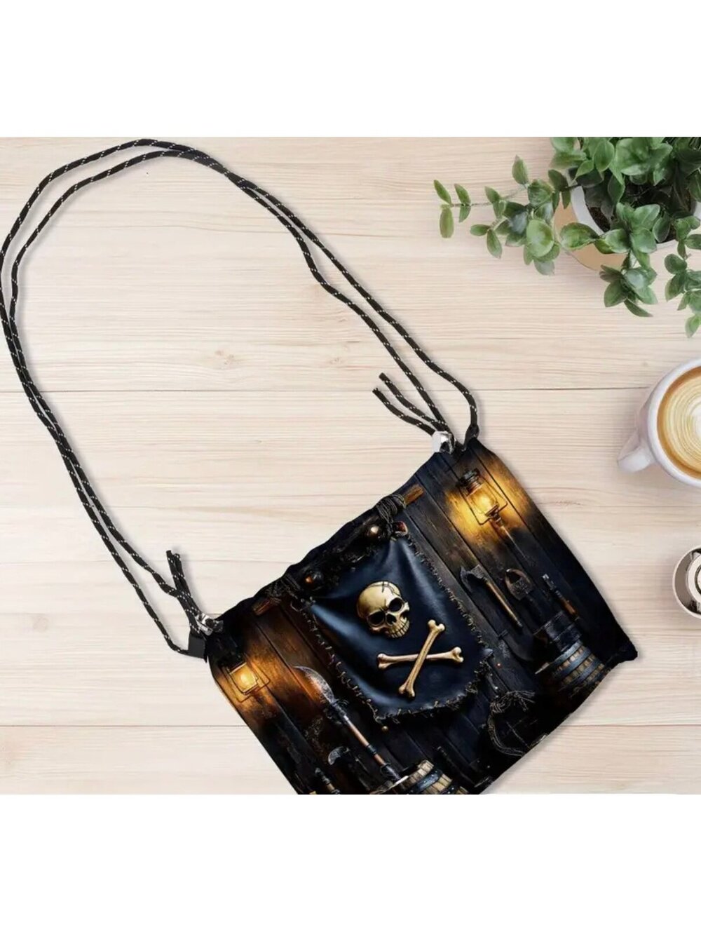 New - Fun ! Pirate & Crossbones Design Drawstring Crossbody /Shoulder Bag - Picture 5 of 5